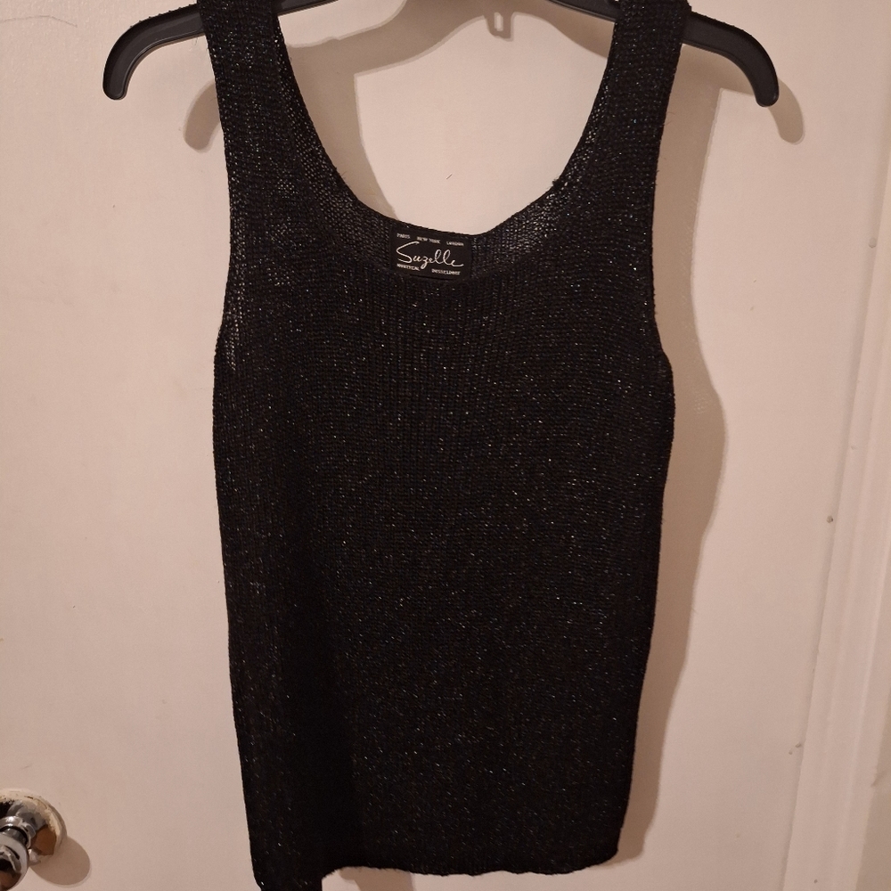 Vintage SUZELLE Black Metallic Knit Stretchy Tank Top. Size Medium